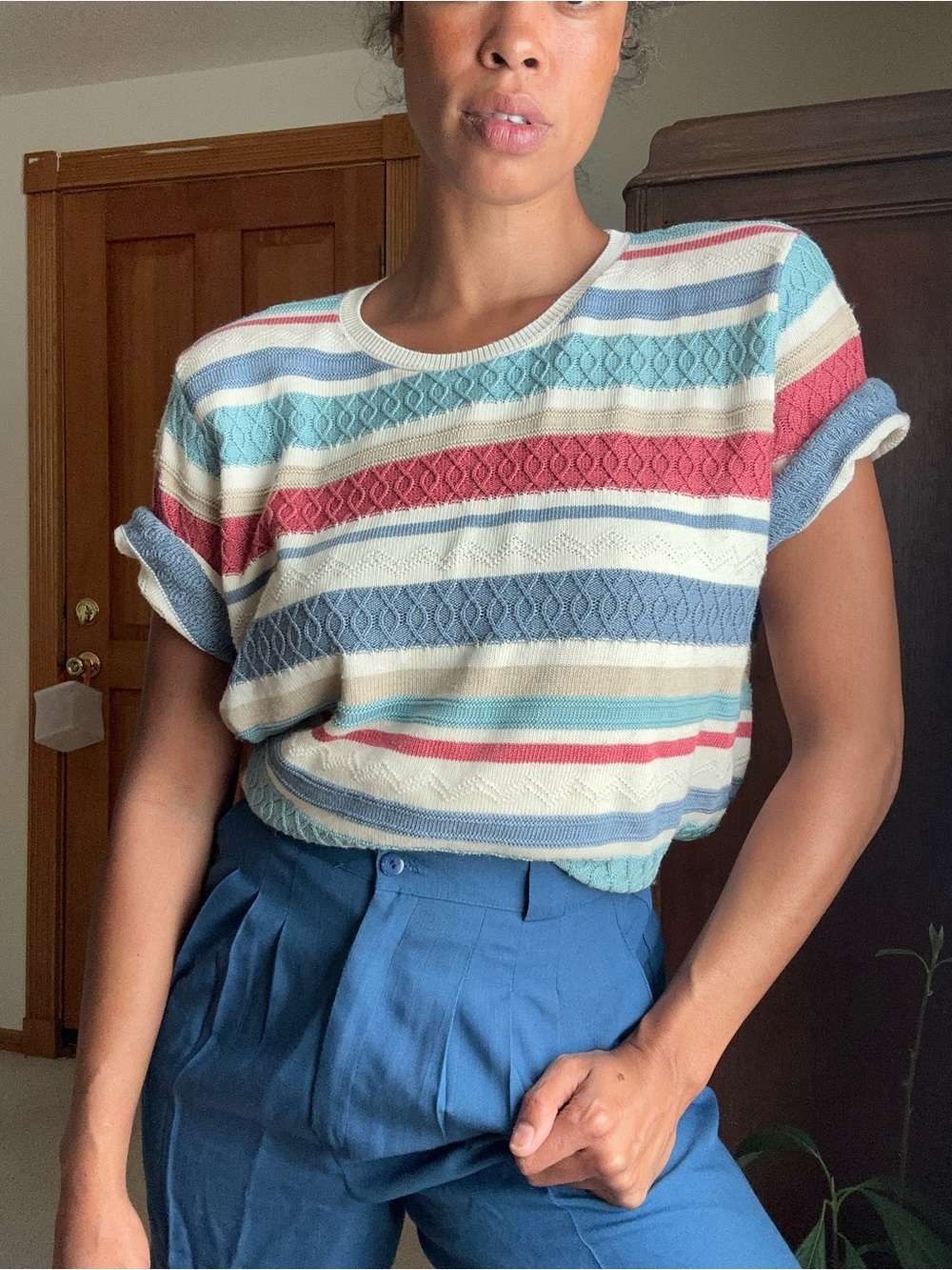 Striped Short Sleeve Knit Top in Cream, Blue & Red